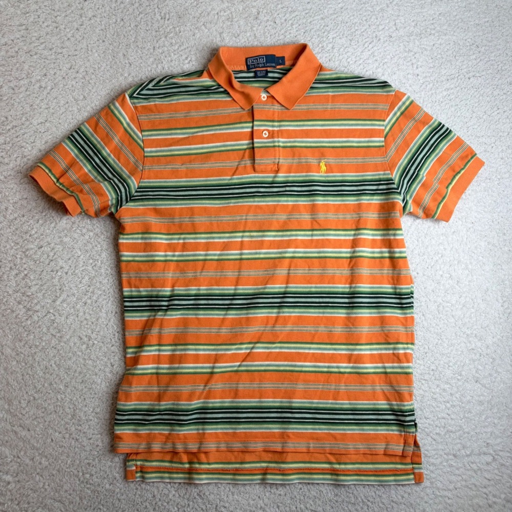 Polo Ralph Lauren Mens Large Orange Green Striped Short Sleeve Pique Polo Shirt